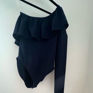 Lilly Pulitzer Kourtney True Navy Single Shoulder Pima Blend Ruffle Bodysuit XXS